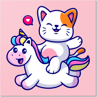 Cute Cat Riding Unicorn Cartoon Posters and Art